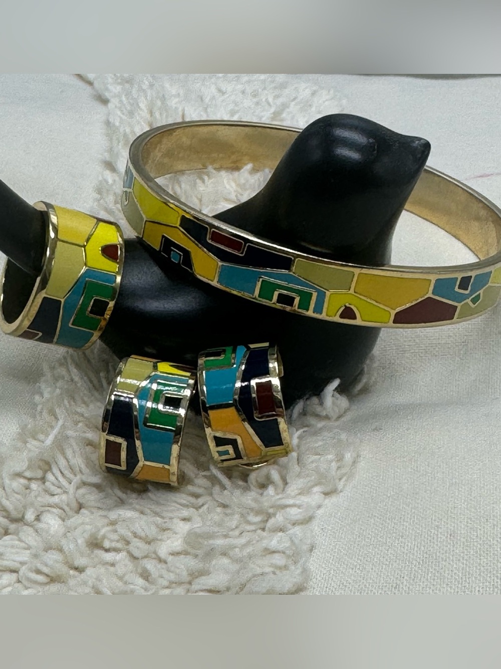 Multicolor Enamel Bracelet Ring Earrings Set